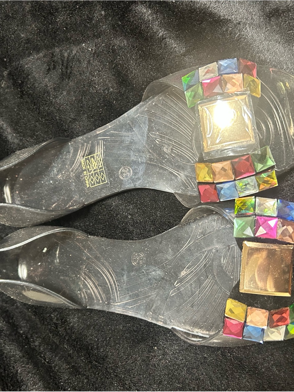 SHEIN Clear Jelly Slide Sandals with Multicolor Gem Squares